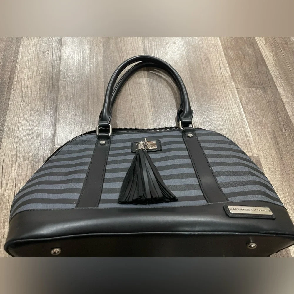 NWOT Adrienne Vittadini grey domed satchel bag grey black striped designer Alma